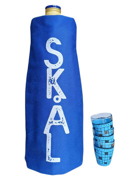 Kühlhusse für Wein- und Sektflaschen Skal Schriftzug Weiß auf Royalblau handbedruckt