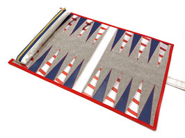 Backgammon Upcycling LKW Plane / Reisespiel zum Zusammenrollen / Reisebackgammon / Reise Backgammon / Spiele für unterwegs / rot blau weiß