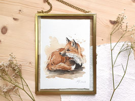 Original Aquarellbild: "Träumender Fuchs" mit goldenem Rahmen