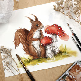 Kunstdruck - Eichhörnchen mit Fliegenpilz