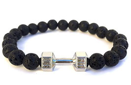 GOOD.designs Fitness Perlen-Armband aus 8mm Lava-Naturperlen, Hantel Anhänger in Silber