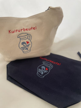 Hessischer Kulturbeutel aus 100 % Baumwolle, bestickt mit "Kulturbeutel" und Bembel