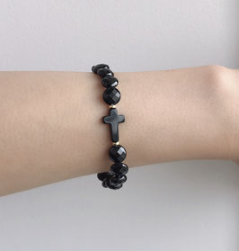 K18YG Black Onyx Cross & Coin Cut Spinel  Bracelet (Silicon Type)