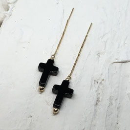 K18YG Black Onyx Cross Earrings Chain Type
