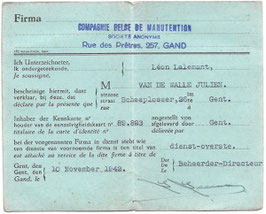 Belgisch document - bewijs van tewerkstelling - 1942