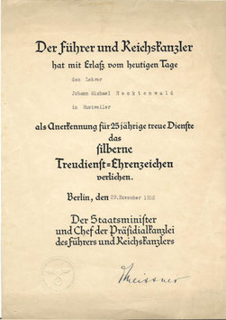 Oorkonde 'Silberne Treudienst-Ehrenzeichen' - 1938