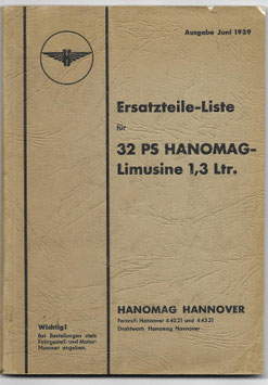 Ersatzteile-Liste für 32 PS HANOMAG-Limusine 1,3 Lrt. - 1939