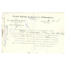 Comité National de Secours et d'Alimentation - attest - 1918