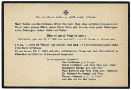 Overlijdensbericht 'Oberscharführer Hartmann' - Waffen-SS