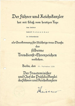 Oorkonde 'Silberne Treudienst-Ehrenzeichen' - 1938