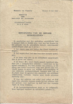 België - Ministeriële richtlijn - Bewapening der Douane - 1945