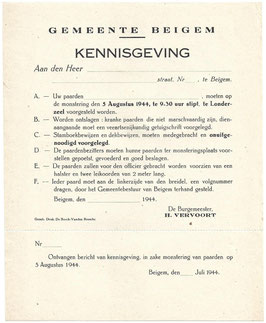 Gemeente Beigem - Kennisgeving monstering paarden - 1944