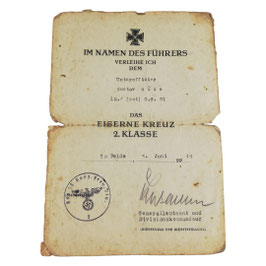Oorkonde 'Das Eisernes Kreuz 2. Klasse' - 1944