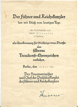 Oorkonde 'Silberne Treudienst Ehrenzeichen für 25 Jahre' - 1939