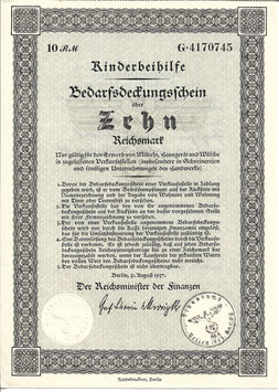 Kinderbeihilfe - Bedarfsdeckungsschein über zehn Reichsmark - 1937