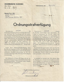 Ordnungsstrafverfügung - Kreiskommandantur Valenciennes - 1944