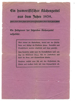 Ein humoristischer Küchenzettel aus dem Jahre 1939'