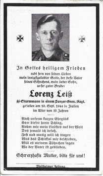 Doodsprentje van 'SS-Sturmmann Lorenz Leiss'