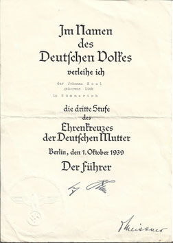 Ehrenkreuzes der Deutschen Mutter in Bronze - oorkonde