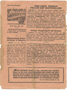 Russisch pamflet 'Auslandsnachrichten Juni 1942 Nr. 199'