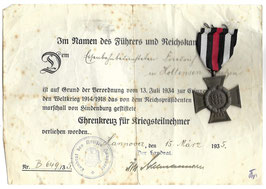 Ehrenkreuz für Kriegsteilnehmer met oorkonde