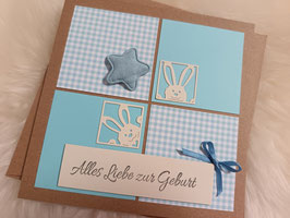 Glückwunschkarte Blau 4 Quadrate/ Hasen Stern