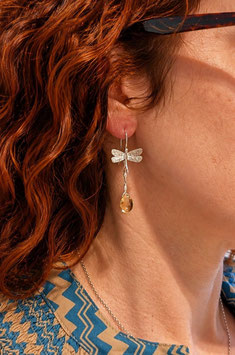 Orecchini Libellula in Argento 925 con Citrino e Perle d'Acqua Dolce
