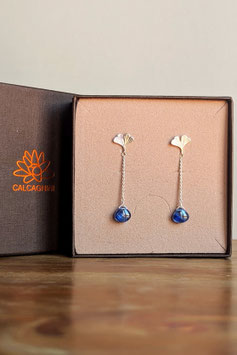 Orecchini pendenti in argento 925 con ginkgo biloba e cianite blu