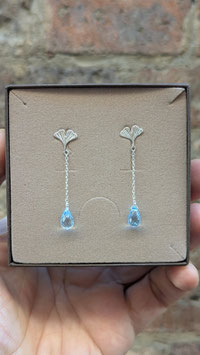 Orecchini pendenti in argento 925 con ginkgo biloba e topazio azzurro sky blue