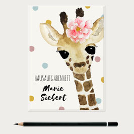 Hausaufgabenheft Hülle mit Namen, Giraffe Mädchen
