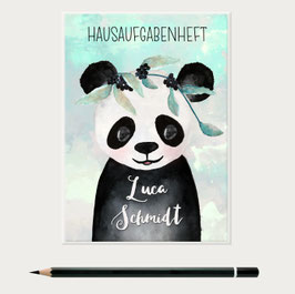 Panda Hausaufgabenheft Hülle mit Namen, Geschenkidee zum Schulanfang