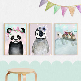 3er Bilder Set, Panda Pinguin und Schildkröte Mädchen