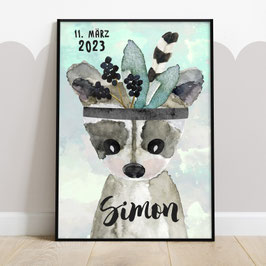 Poster Kinderzimmer, Poster Namen, Deko Kinderzimmer, Waschbär Junge bunt