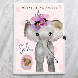 Elefant Mädchen Sammelmappe A3 für Kinder, Meine Kunstwerke Mappe personalisiert mit Namen und Foto