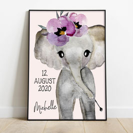 Poster mit Namen, Deko Kinderzimmer, Elefant Mädchen