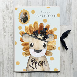 Löwe Sammelmappe A3 für Kinder, Meine Kunstwerke Mappe personalisiert mit Namen und Foto