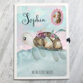 Schildkröte Mädchen Sammelmappe A3 für Kinder, Meine Kunstwerke Mappe personalisiert mit Namen und Foto
