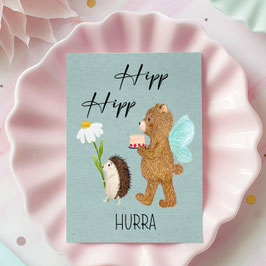 Geburtstagskarte Igel & Mut Bär mit Blume und Kuchen