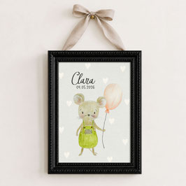 Personalisiertes Poster Maus mit Ballon | Geschenk zur Geburt | Kinderzimmer Deko mit Name & Geburtsdatum