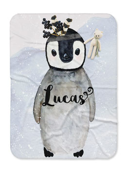 Fleecedecke mit Namen, Pinguin Junge Kinderdecke personalisiert
