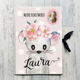 Maus Mädchen Sammelmappe A3 für Kinder, Meine Kunstwerke Mappe personalisiert mit Namen und Foto