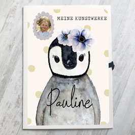 Pinguin Mädchen Sammelmappe A3 für Kinder, Meine Kunstwerke Mappe personalisiert mit Namen und Foto