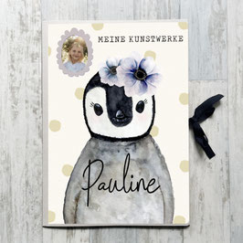 Pinguin Mädchen Sammelmappe A3 für Kinder, Meine Kunstwerke Mappe personalisiert mit Namen und Foto