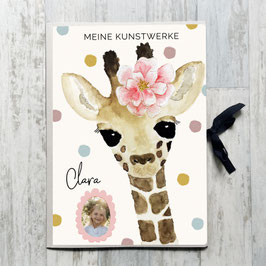Giraffe Mädchen Sammelmappe A3 für Kinder, Meine Kunstwerke Mappe personalisiert mit Namen und Foto