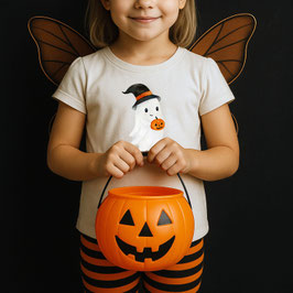 Halloween Aufbügelbild für Kinder | Niedlicher Geist mit Hexenhut und Kürbis