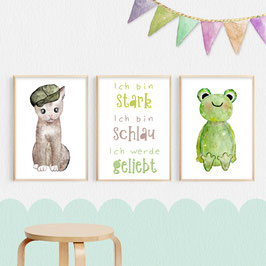 Kinderzimmer Bilder Set, Katze & Frosch mit Affirmation