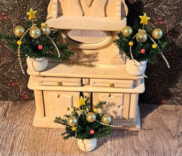EF078 Weihnachtsgesteck, Adventgesteck mit goldenen Kugeln und Stern in Holztopf