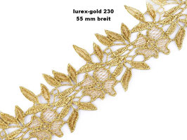 1m Lurex-Spitze bestickt Spitzen-Borte Zierband Vintage Shabby Blüten Design Deko edel 55mm breit, Farbe: Lurex-Gold 230