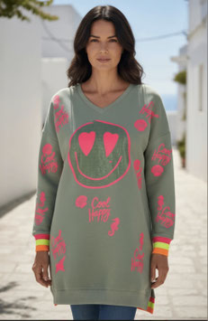 MG13909 miss goodlife / Long-V-Neck Cool Happy - salbeigrün/neonpink