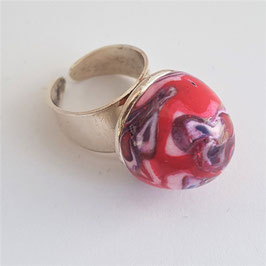 89. Bague dôme rouge métal argenté